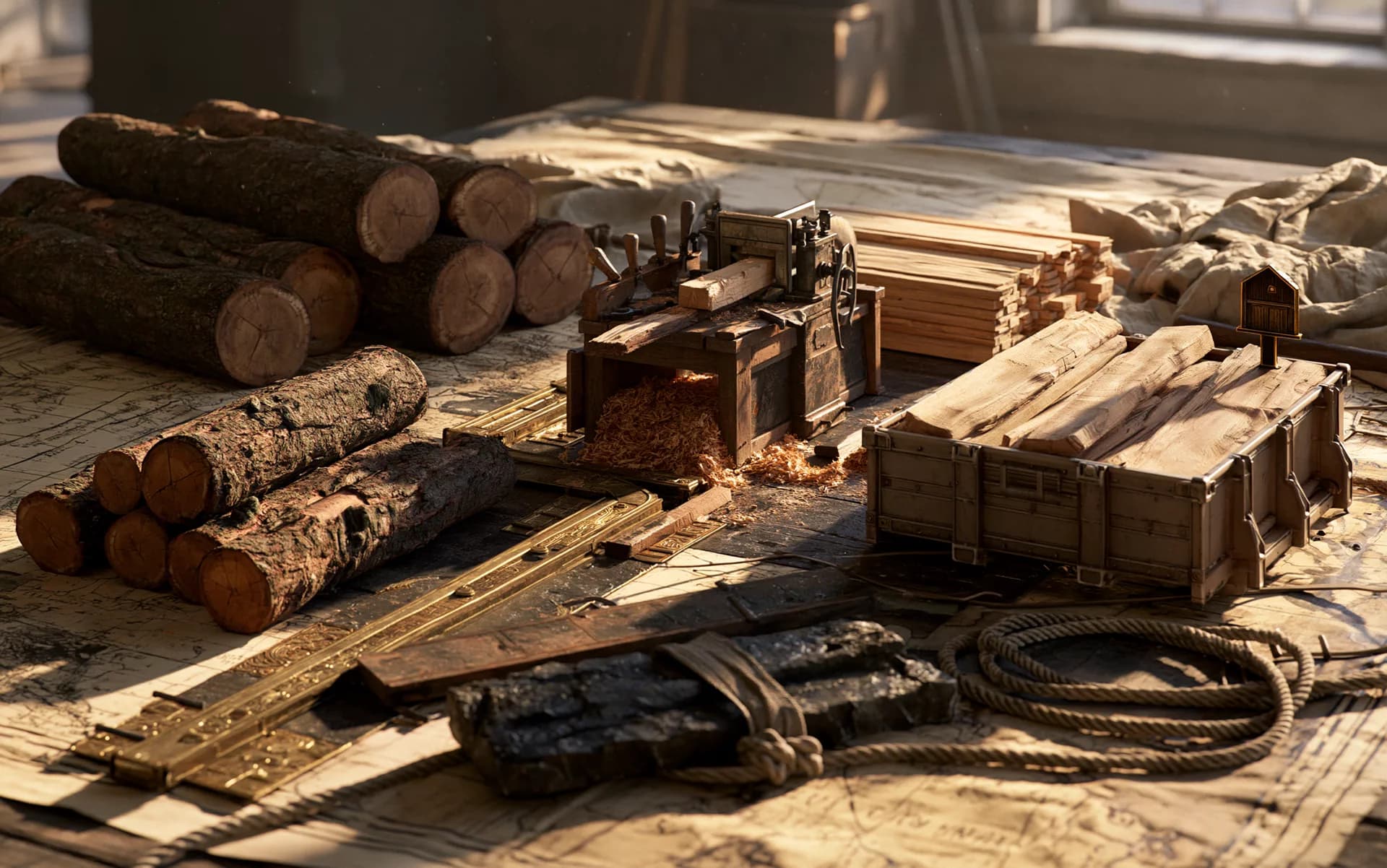 Une chaîne de production fictive transforme des bûches en planches avant leur stockage dans une caisse.