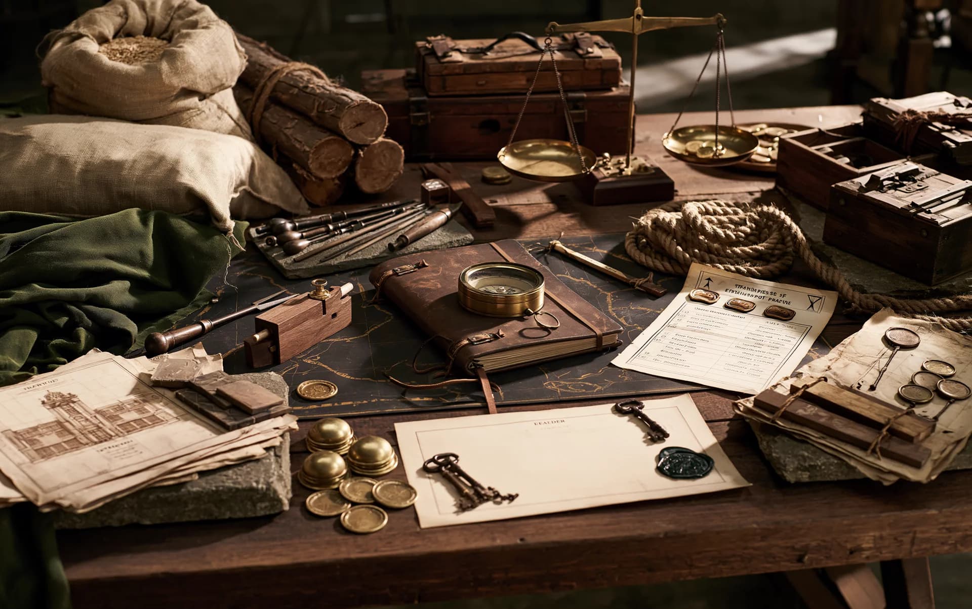 Des outils, ressources, documents et objets de commerce entourent un carnet et une boussole communs.