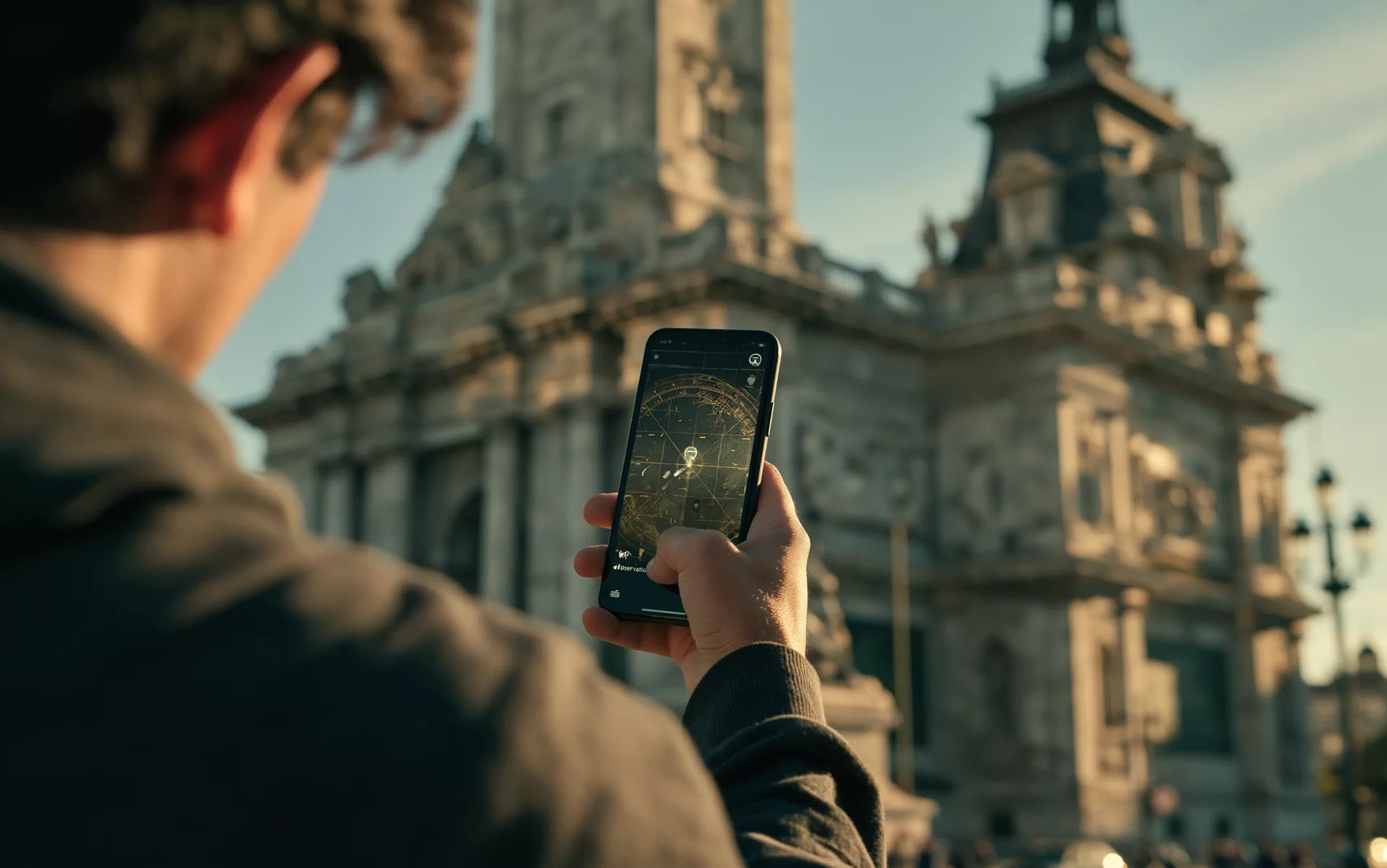 Une personne contemporaine scanne un monument fictif avec son téléphone.