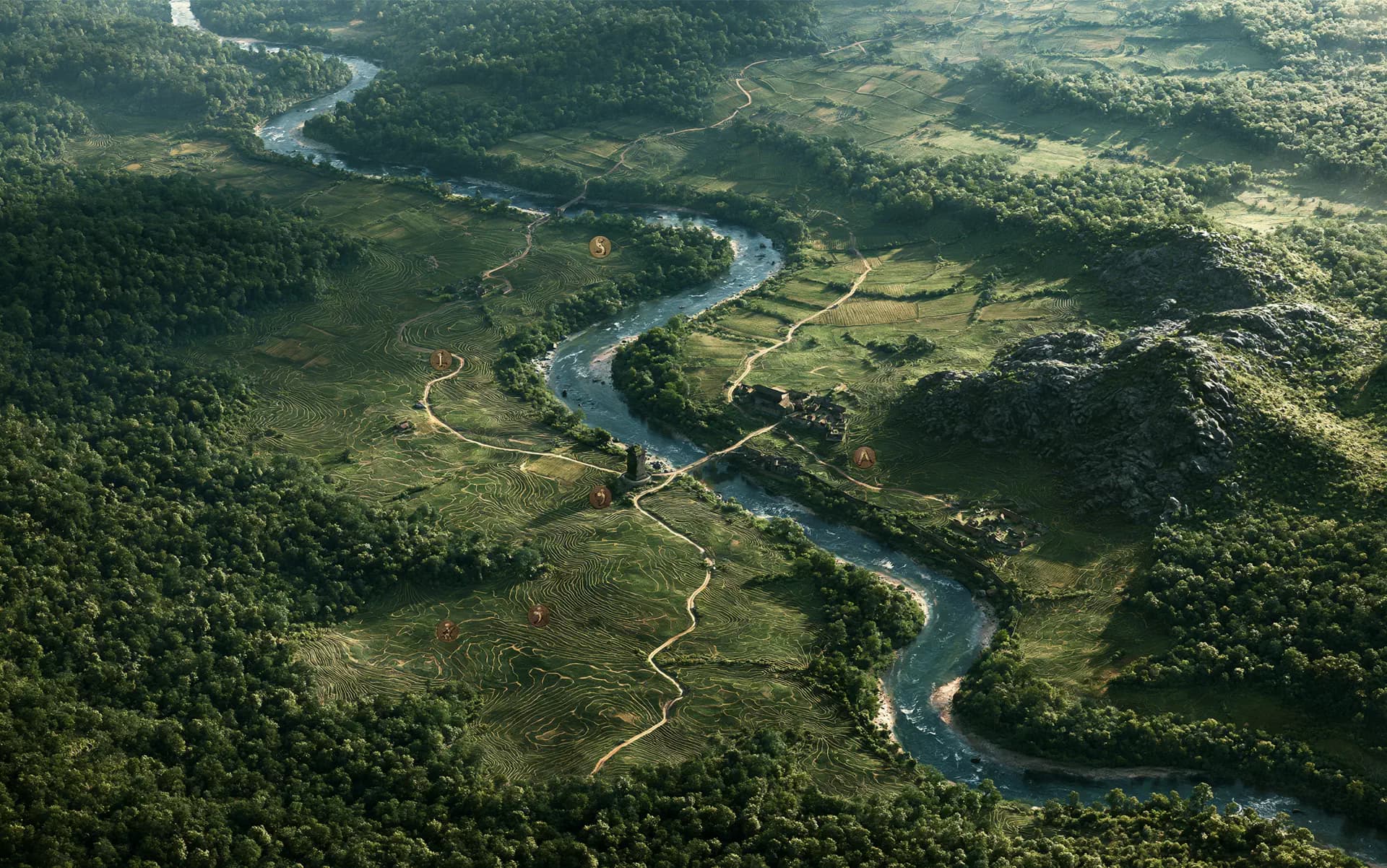 Un territoire fictif montre une rivière, des routes, du relief, des zones naturelles et quelques repères stratégiques.